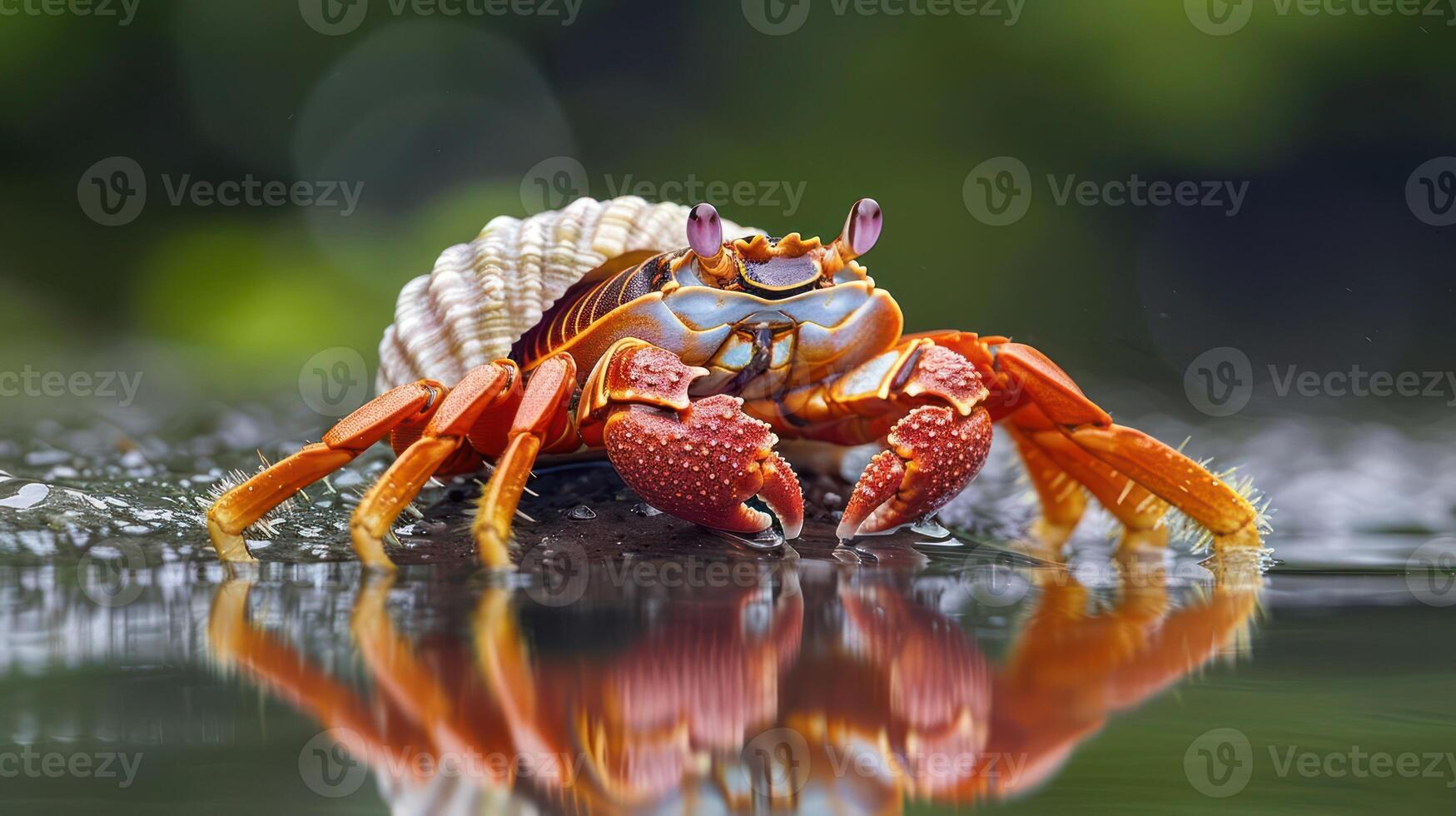 Vibrant crab navigating a serene water surface, surrounded by lush greenery and soft reflections photo