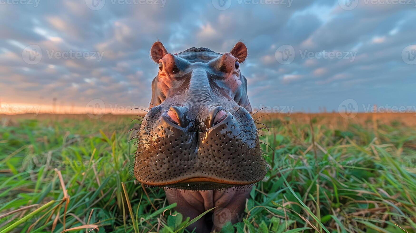 Hippo grazing in a lush field during sunset with a dramatic sky in the background photo