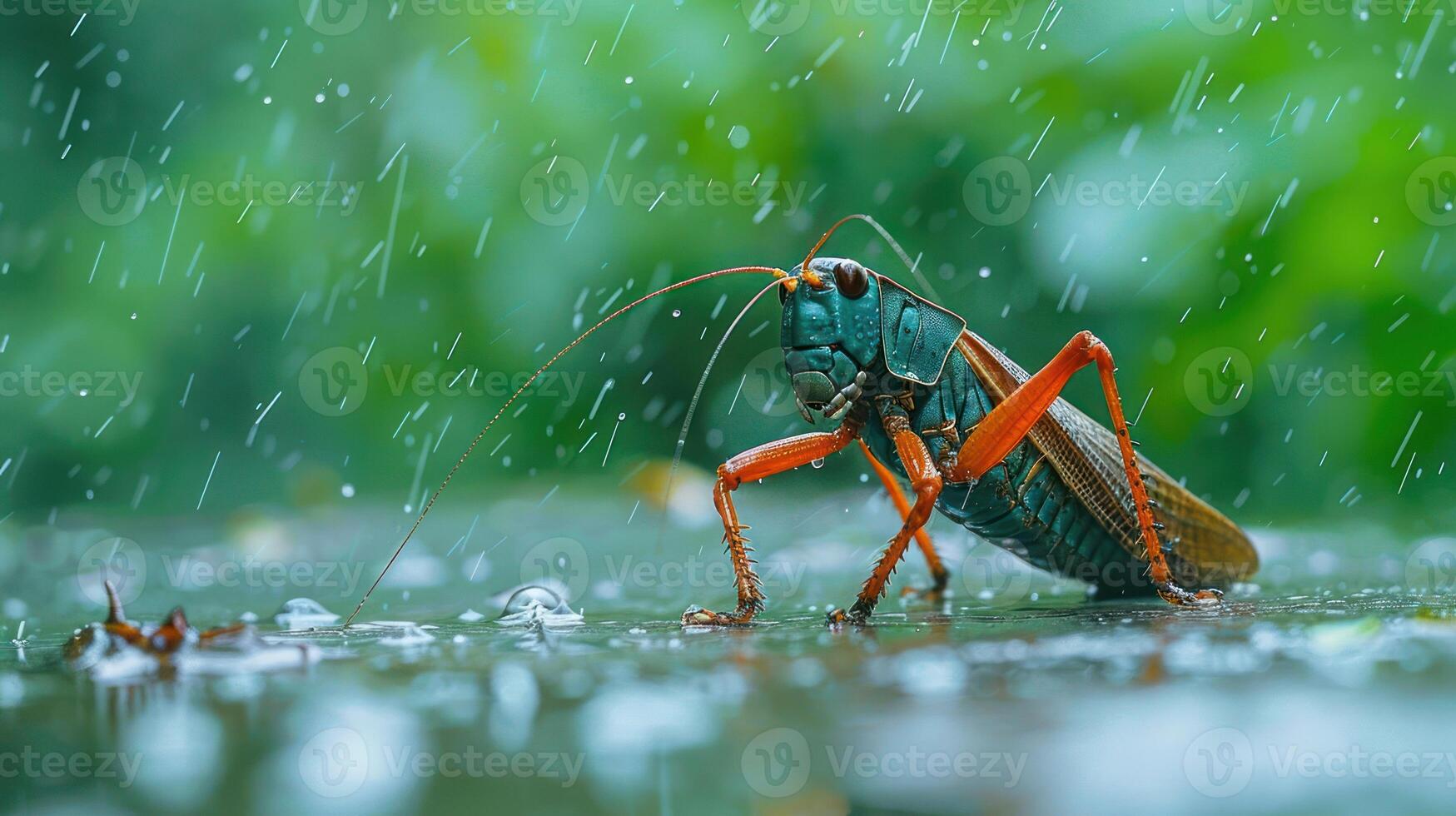 Close-up of a grasshopper in the rain on a wet surface with blurred greenery in the background photo