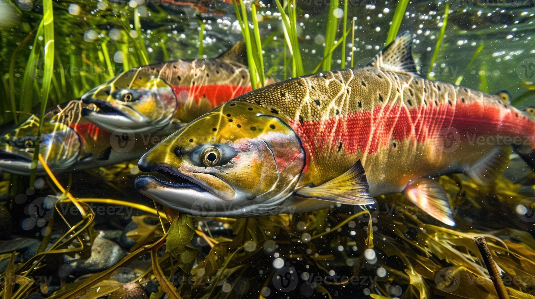 Underwater scene showcasing vibrant trout swimming among aquatic plants in a clear stream photo