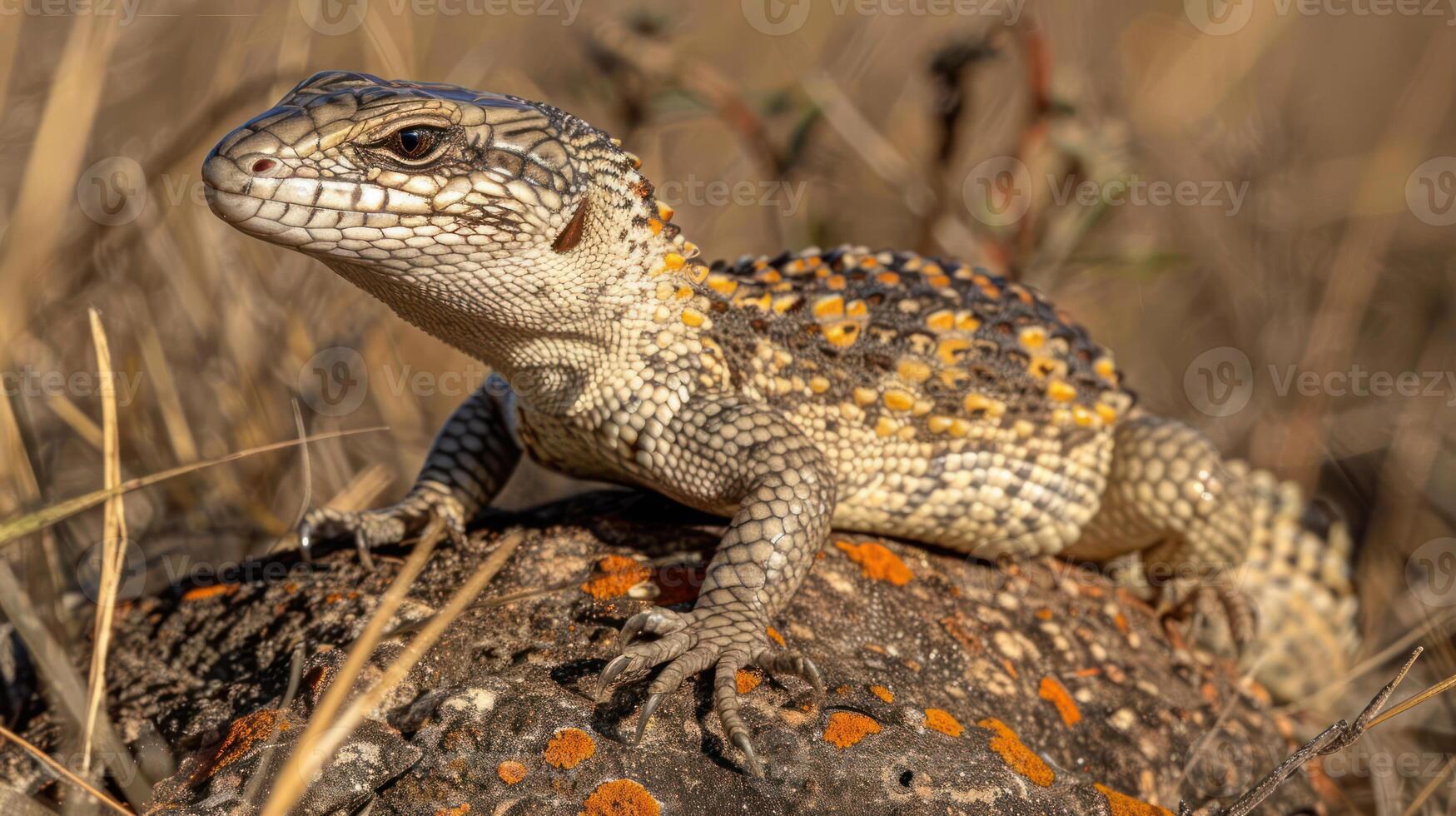 Close-up of a colorful lizard basking on a rock in a dry, grassy landscape under sunlight photo