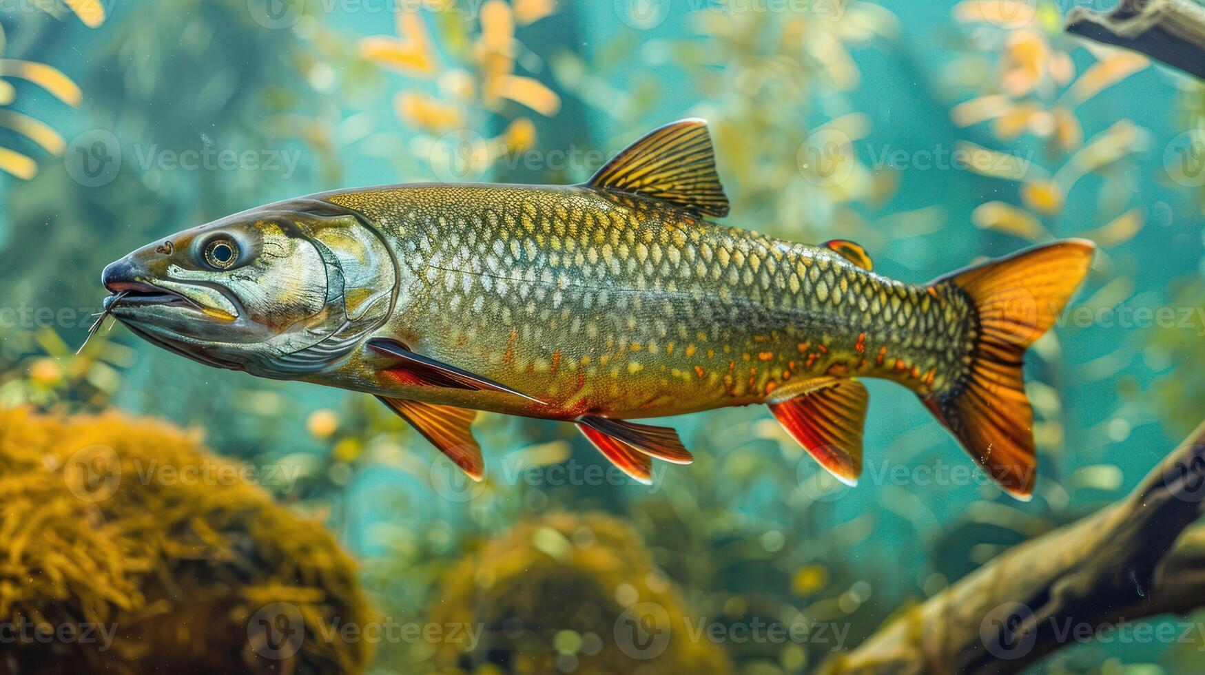 A vibrant underwater scene featuring a brook trout swimming among aquatic plants and rocks photo