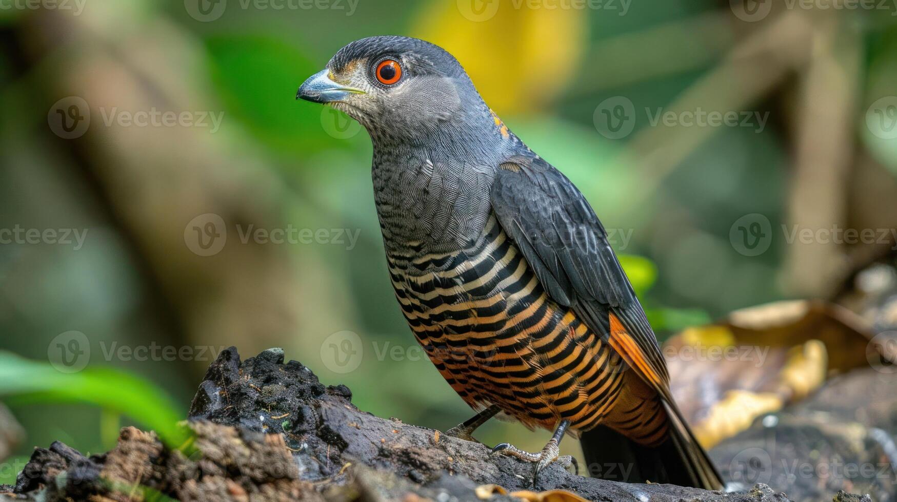 Colorful bird perched on a log in a lush forest, surrounded by vibrant foliage and natural scenery photo