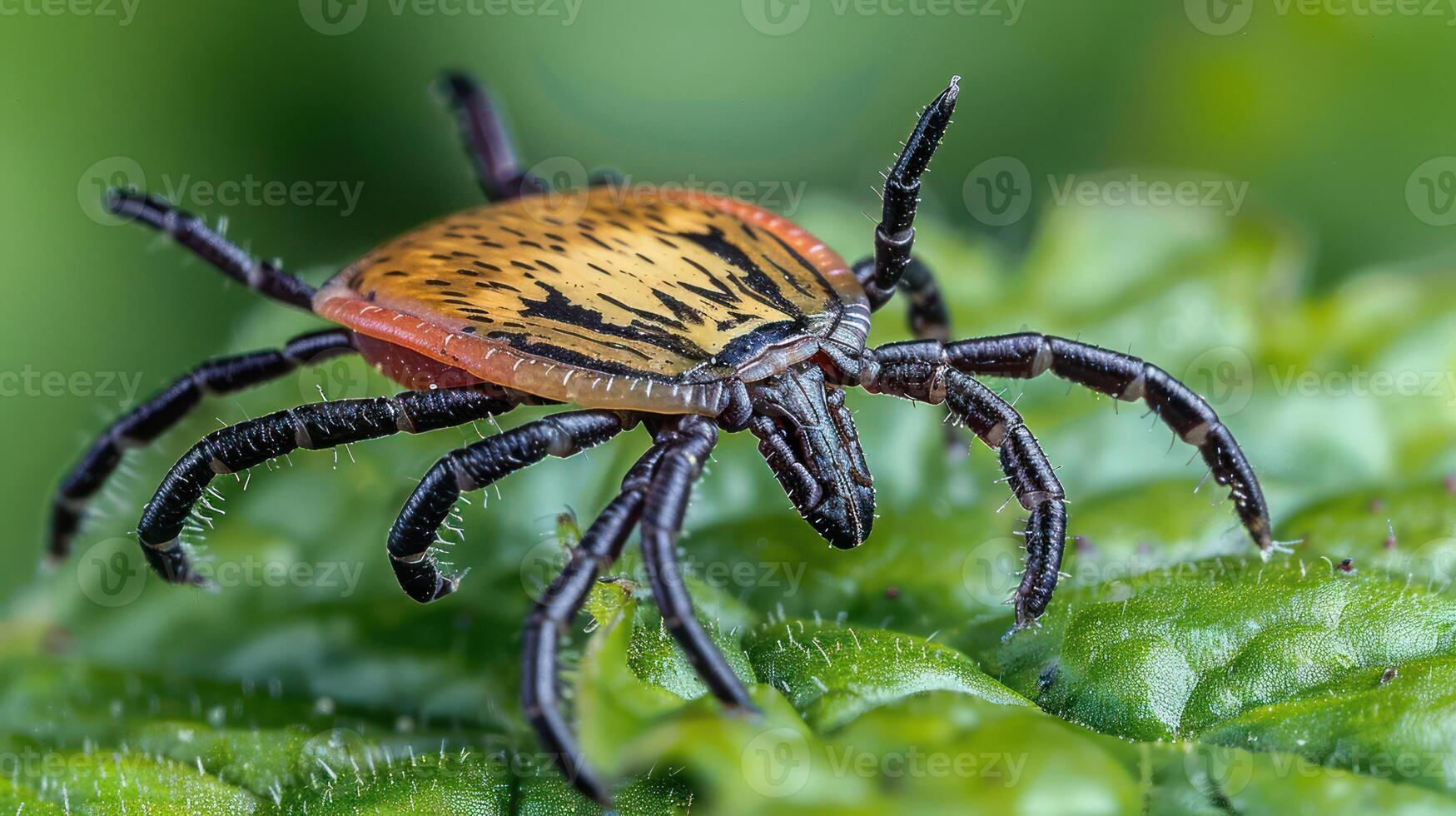 Close-up of a tick perched on a green leaf, showcasing its detailed anatomy in a natural setting photo
