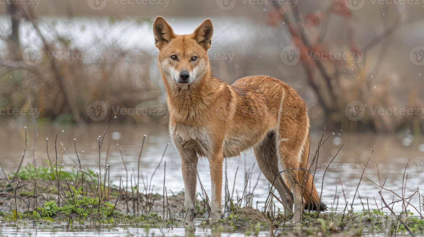 A wild dog stands gracefully in shallow water surrounded by lush greenery and distant trees photo