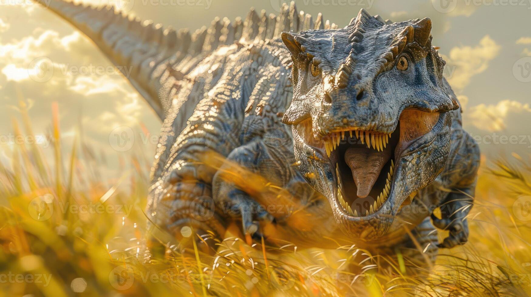 A roaring dinosaur in a vibrant field under a dramatic sky, evoking a prehistoric scene photo
