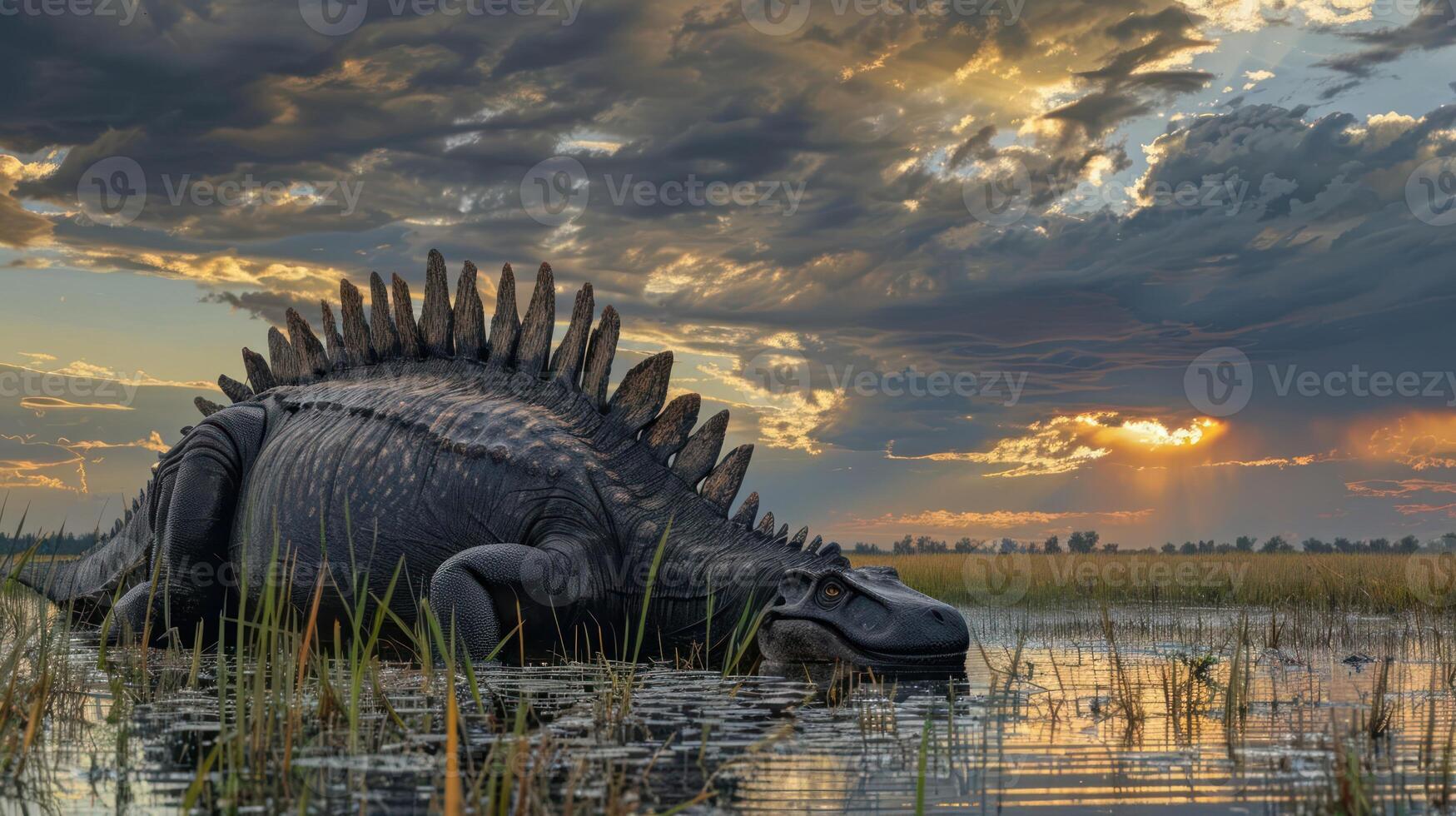 A prehistoric creature resembling a stegosaurus emerges from a tranquil wetland at sunset photo