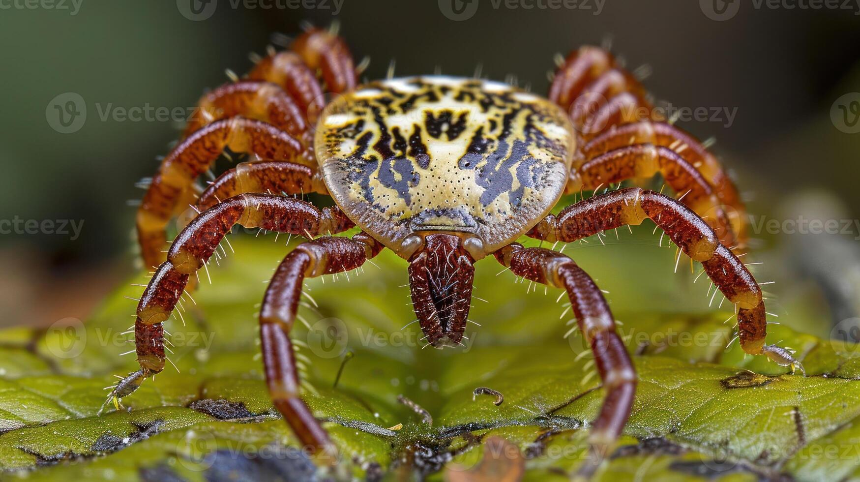 Close-up of a colorful spider perched on a vibrant green leaf in a lush forest setting photo