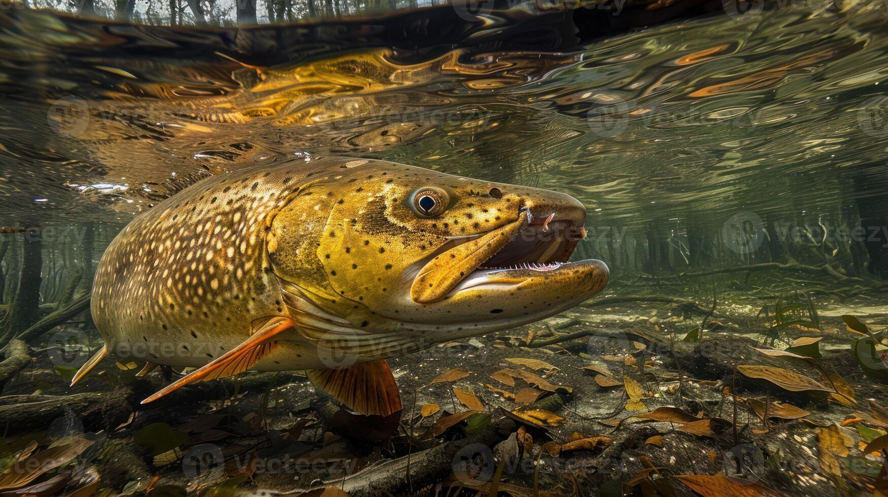 Underwater view of a trout swimming amidst autumn leaves in a serene forest lake photo