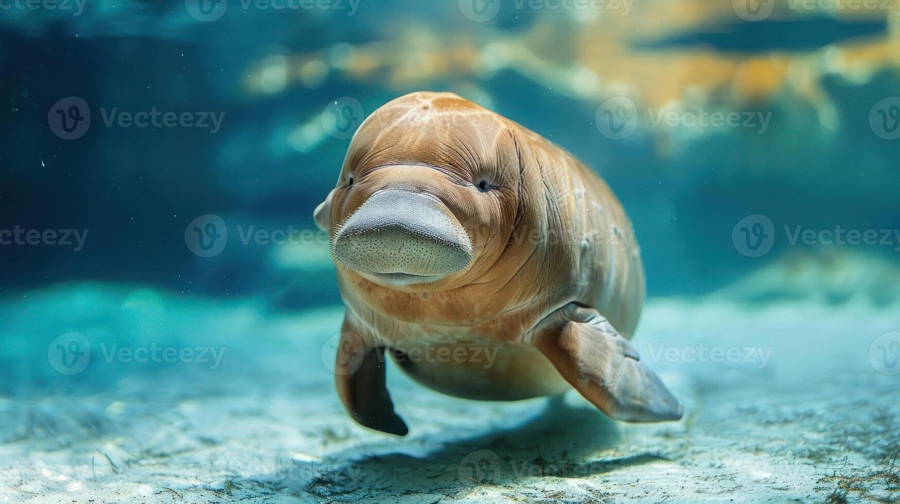 A playful dugong swims gracefully underwater in a vibrant marine environment, showcasing its natural habitat photo