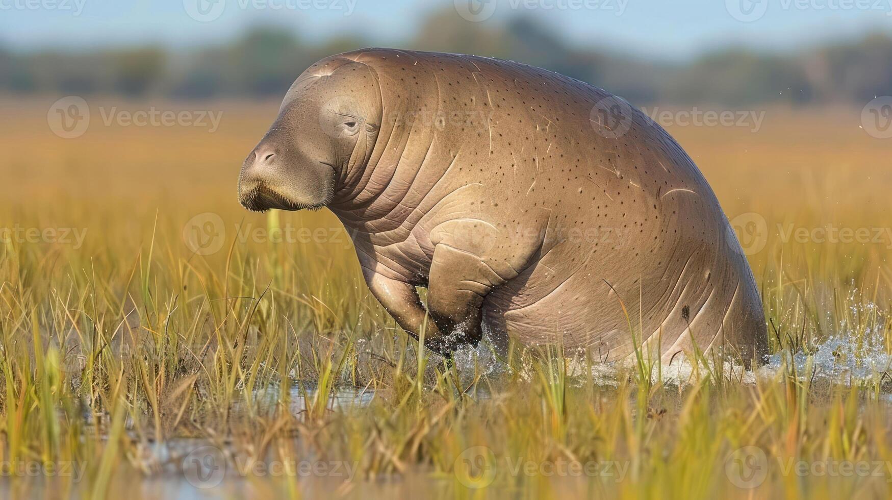 A serene scene of a hippo emerging from a wetland, surrounded by tall grasses under a clear sky photo