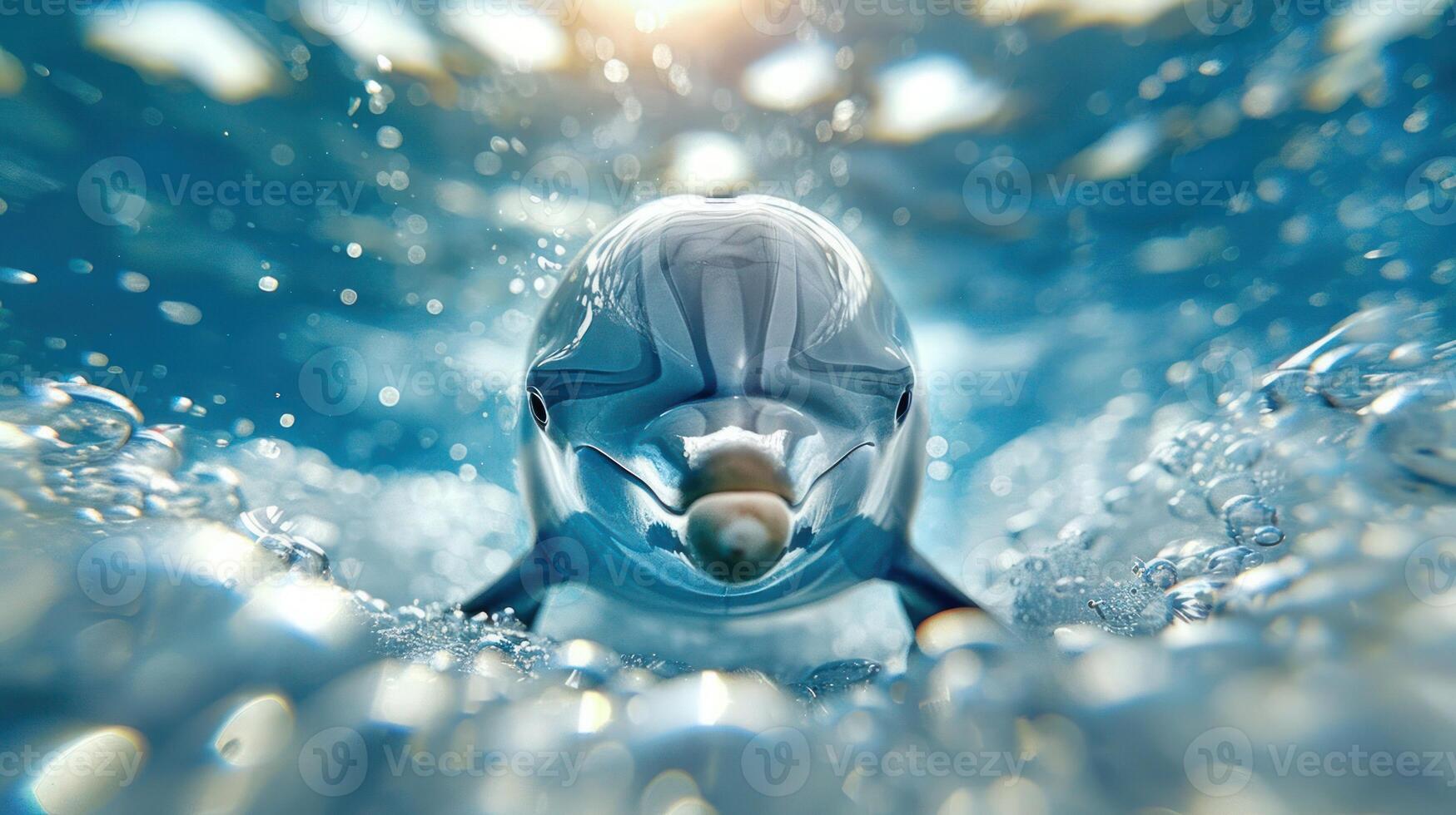 Playful dolphin swimming underwater, surrounded by bubbles, capturing a serene ocean moment photo