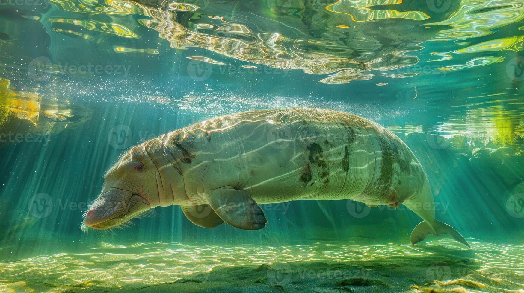 Underwater view of a serene manatee gliding through sunlit waters with gentle ripples photo