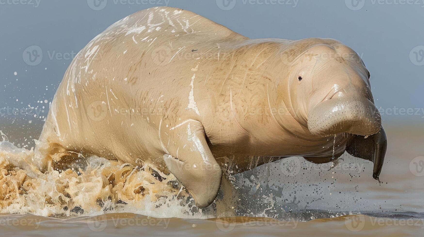 A river dolphin breaching the surface in muddy waters with splashes around it photo