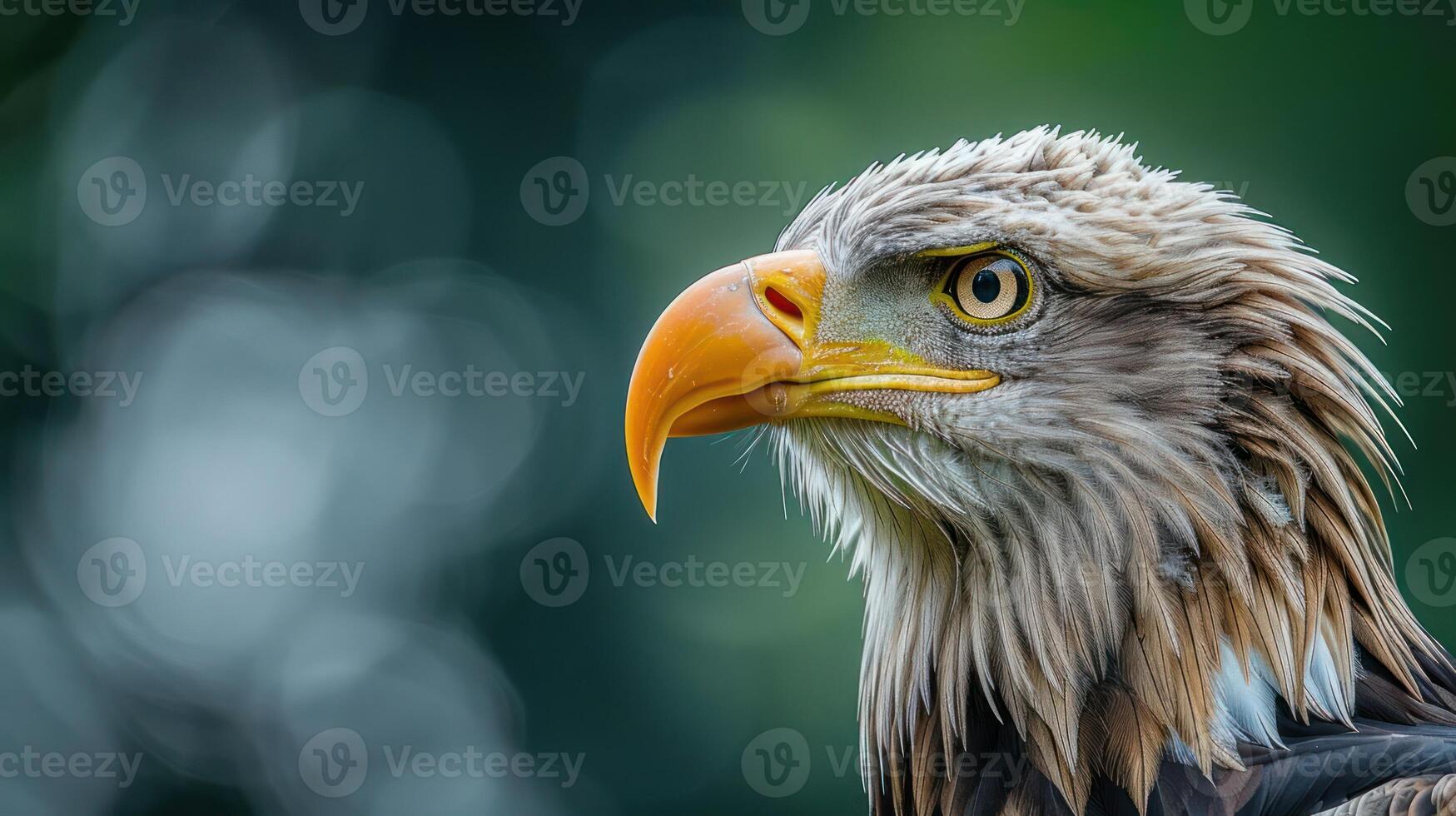 Majestic eagle portrait showcasing sharp features and vibrant colors against a blurred green background photo