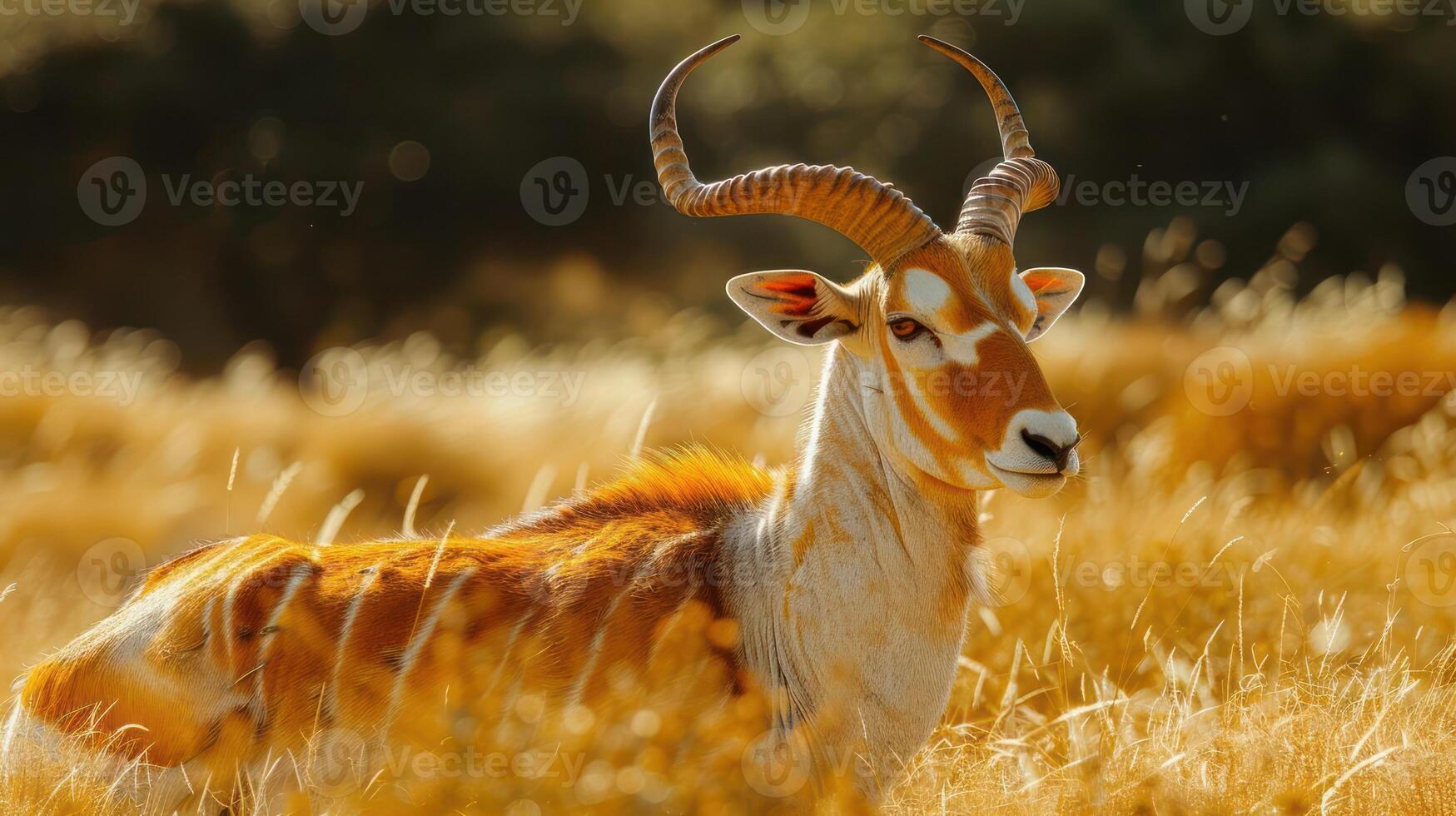 A graceful antelope resting in golden grasslands under a warm sun in a serene natural habitat photo