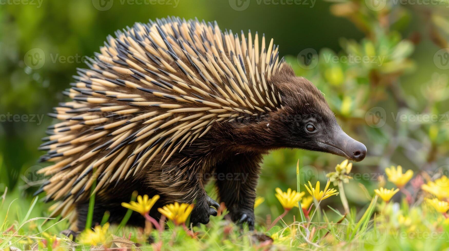 Close-up of an echidna foraging among vibrant yellow flowers in a lush green environment photo