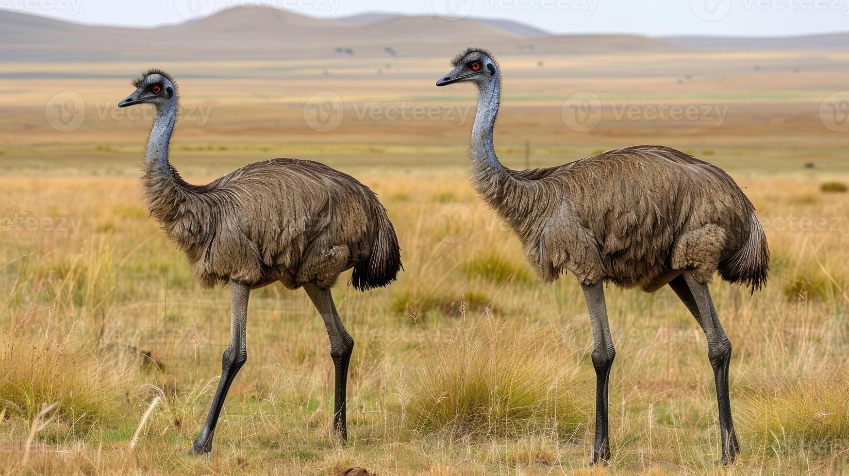 Two emus walking gracefully through a vast grassy landscape under a clear sky photo