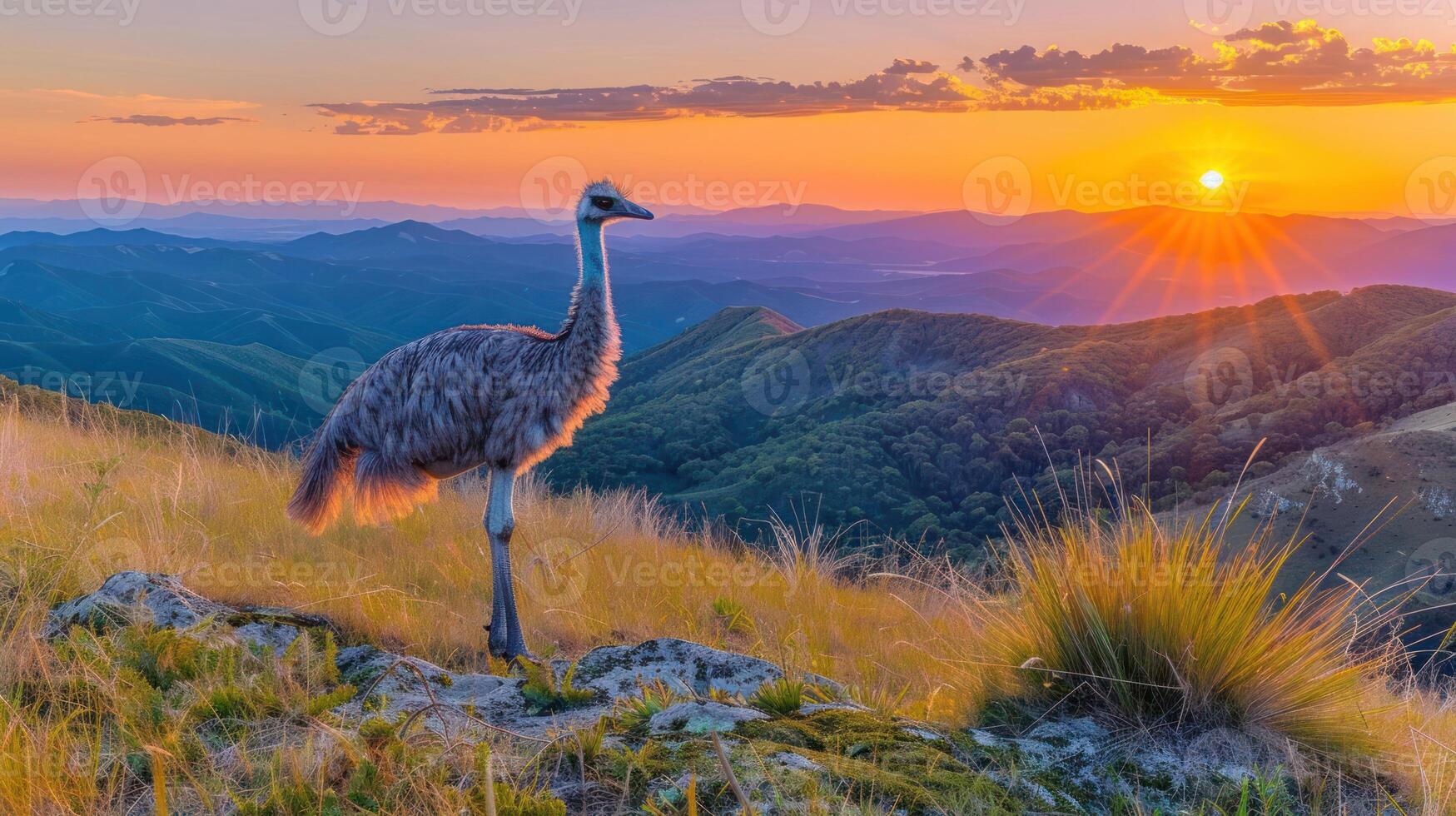 A solitary emu standing on a rocky outcrop at sunset, overlooking rolling hills and vibrant sky photo