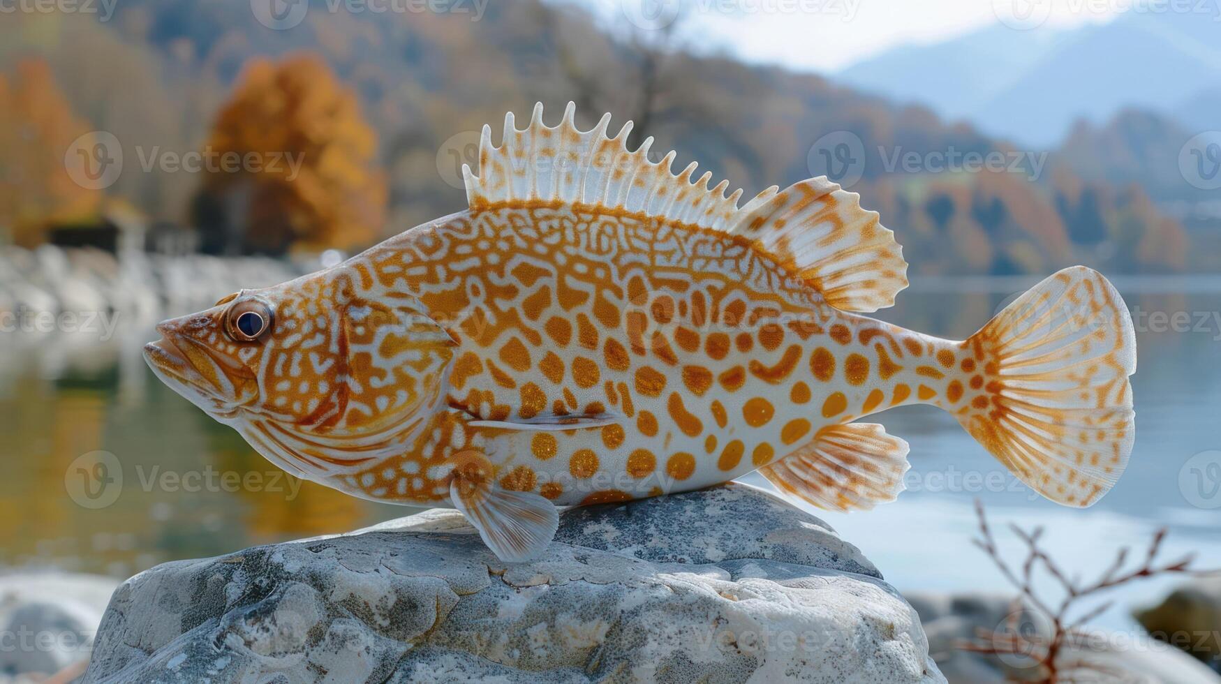 Colorful fish resting on a rock by a tranquil lake surrounded by autumn foliage and mountains photo
