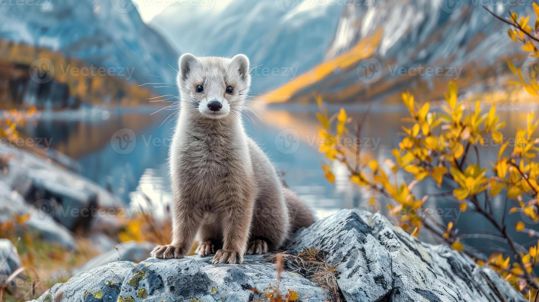 A curious marten perched on a rock by a tranquil lake surrounded by autumn foliage and mountains photo