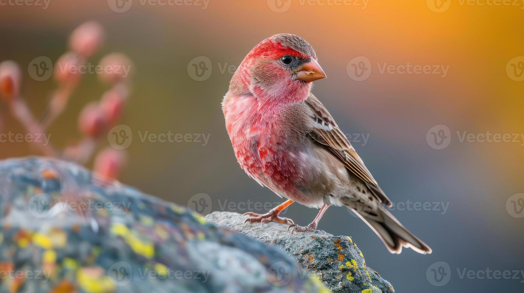 A vibrant bird perched on a mossy rock, surrounded by a colorful blurred background in nature photo