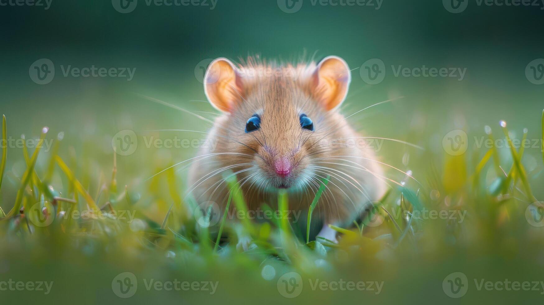 Close-up of a cute hamster sitting in lush green grass, with soft bokeh background effects photo