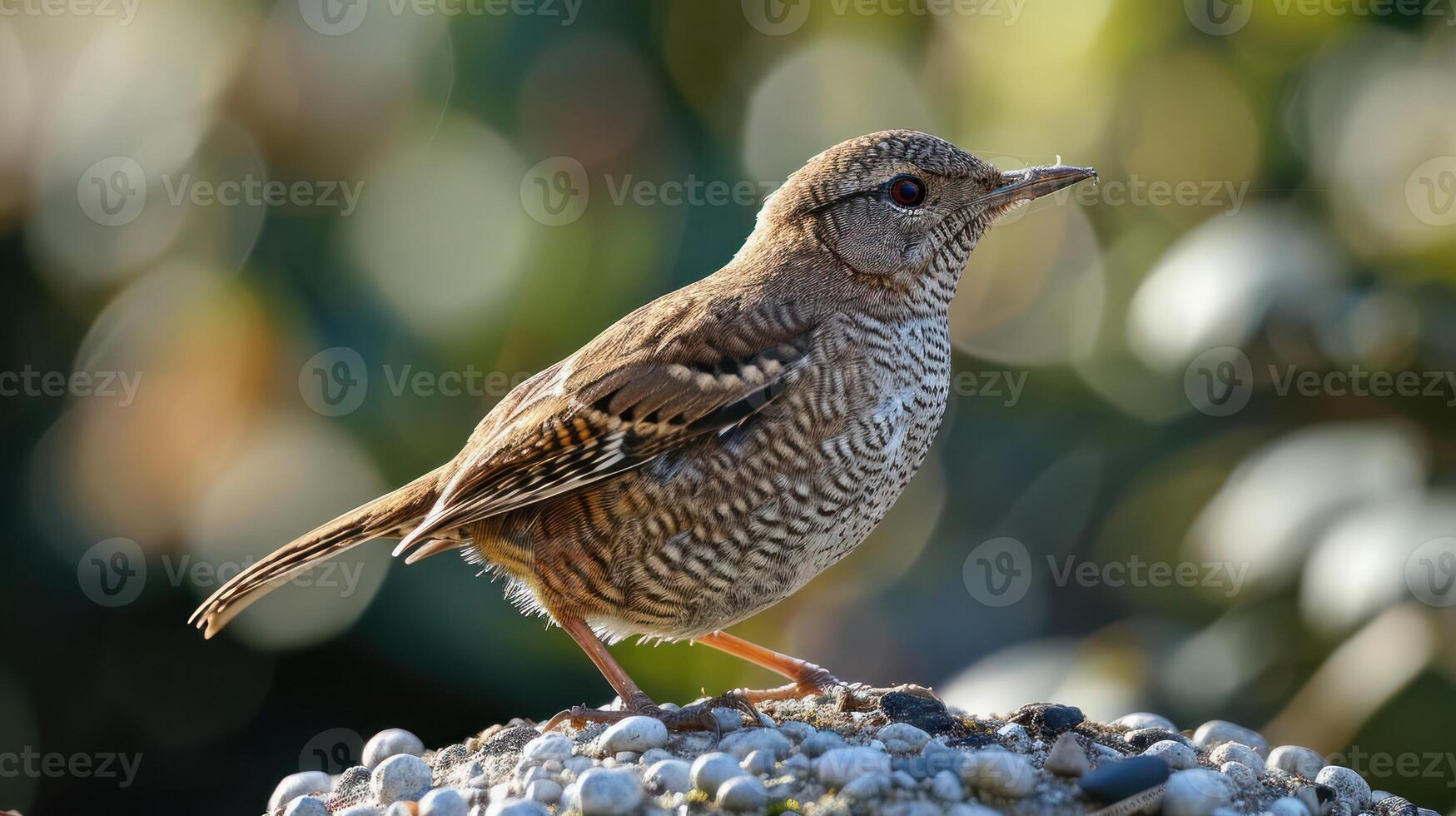 A close-up of a bird perched on a textured surface, surrounded by a blurred natural background photo