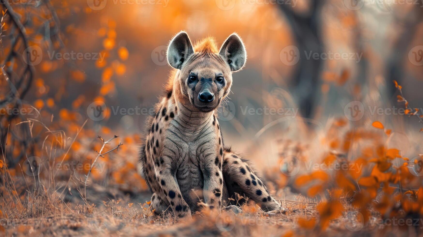A solitary hyena sits amidst autumn foliage, showcasing its unique features in a serene landscape photo