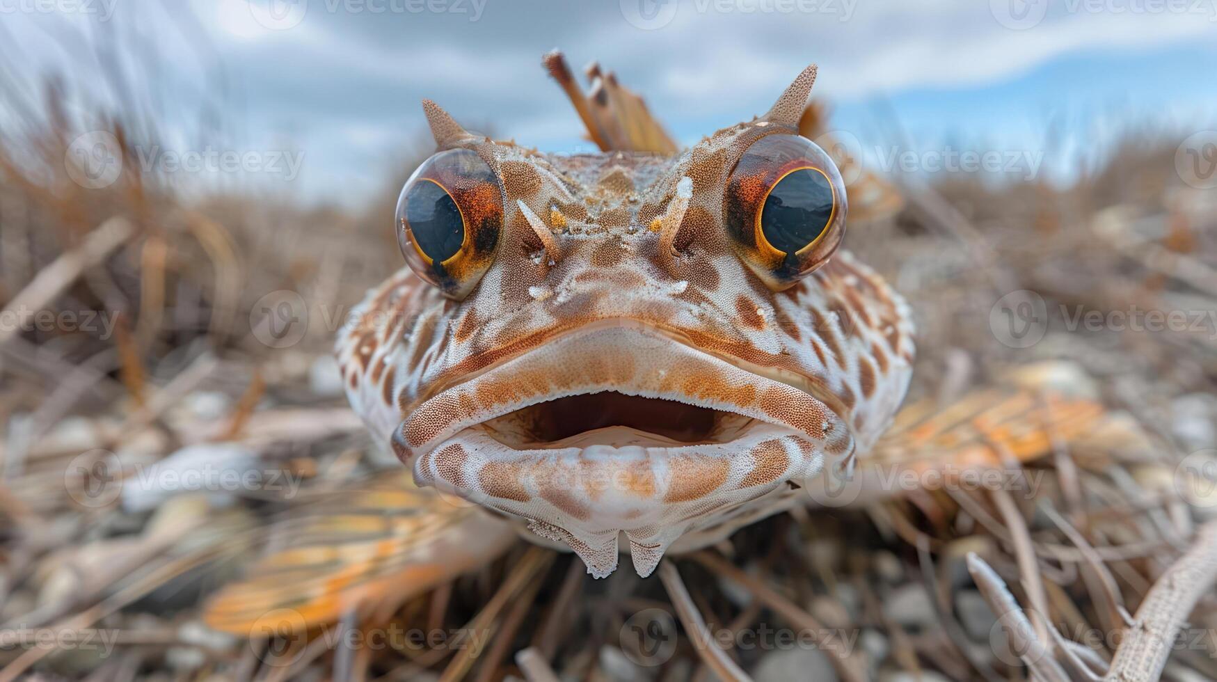 Close-up of a unique fish with striking features resting on sandy shore with blurred clouds photo
