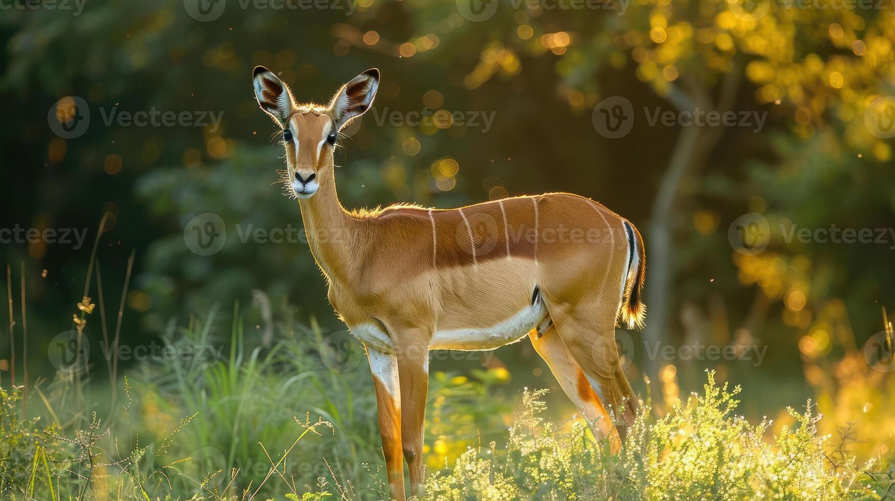 Graceful antelope standing in a sunlit meadow, surrounded by lush greenery and gentle light photo