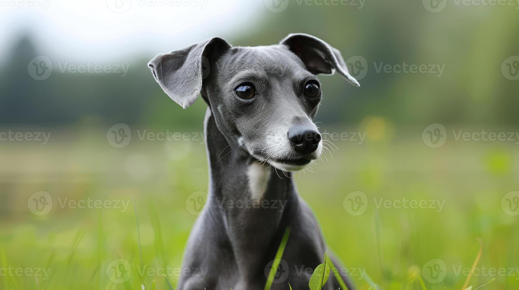A graceful greyhound rests in a lush green field, surrounded by soft sunlight and blurred trees photo