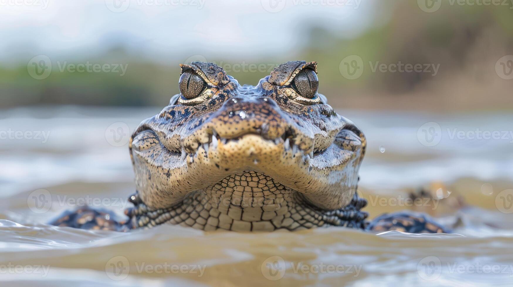 Close-up of a crocodile emerging from the water, surrounded by a natural habitat with blurred greenery photo