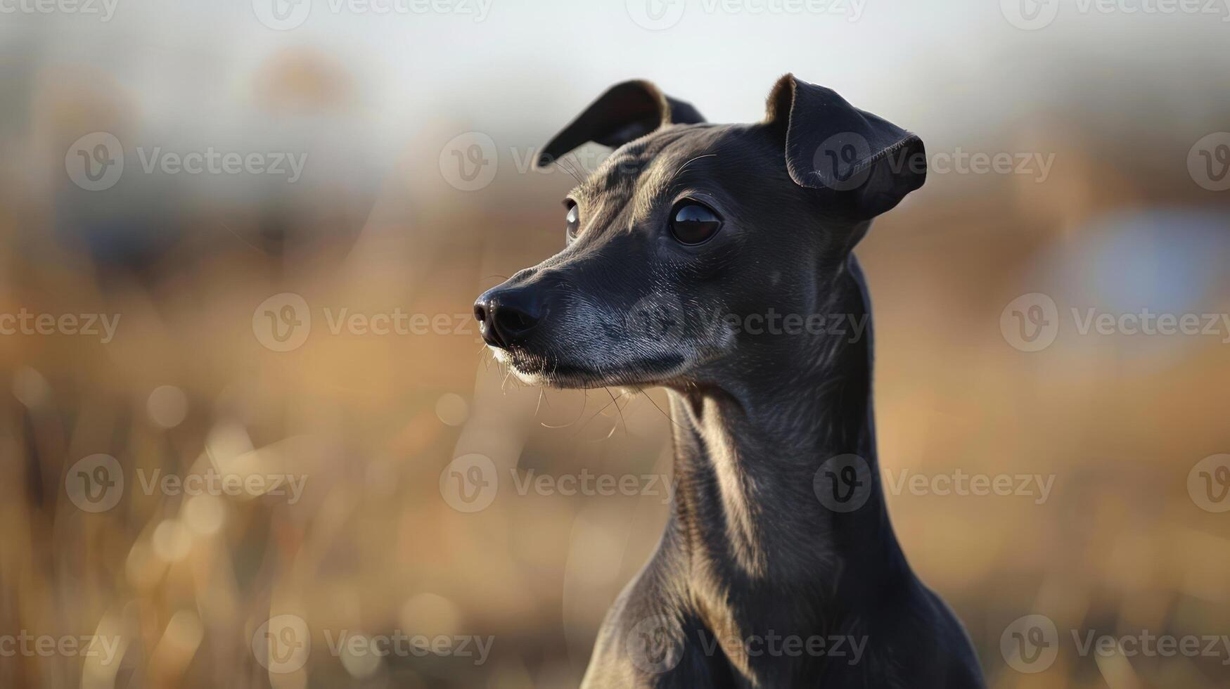 Portrait of a sleek black dog in a sunlit field, showcasing its alert expression and natural beauty photo