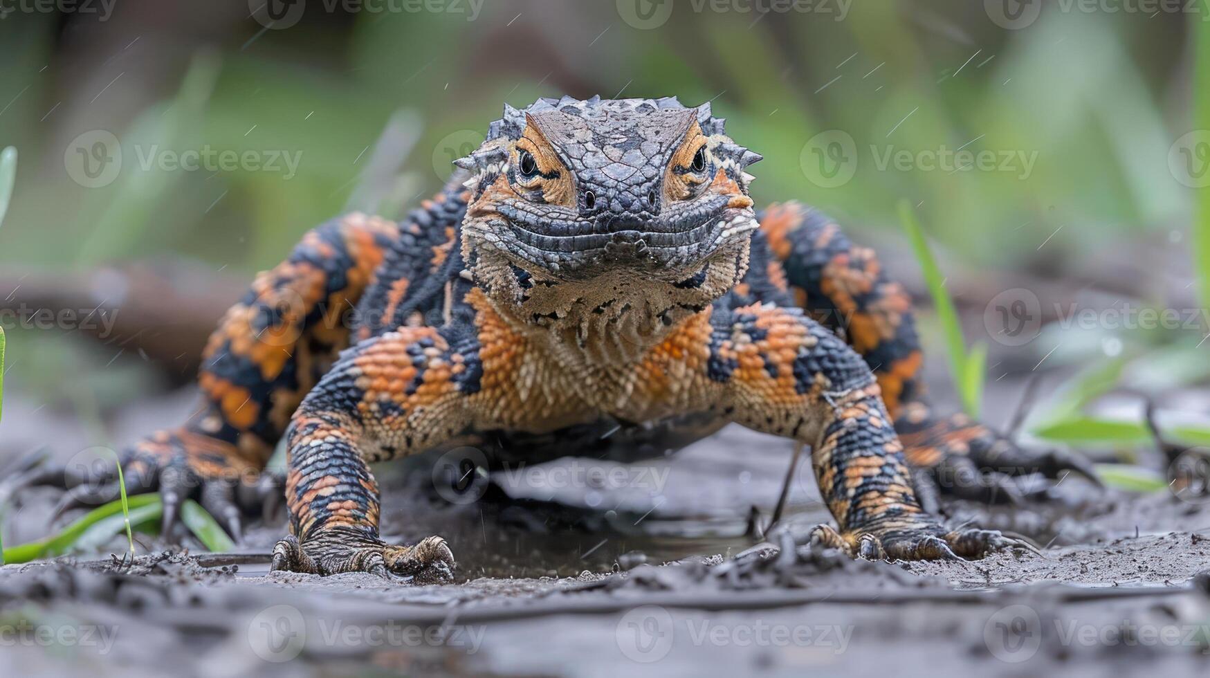 Close-up of a vibrant lizard in a rain-soaked environment, showcasing its unique textures and colors photo