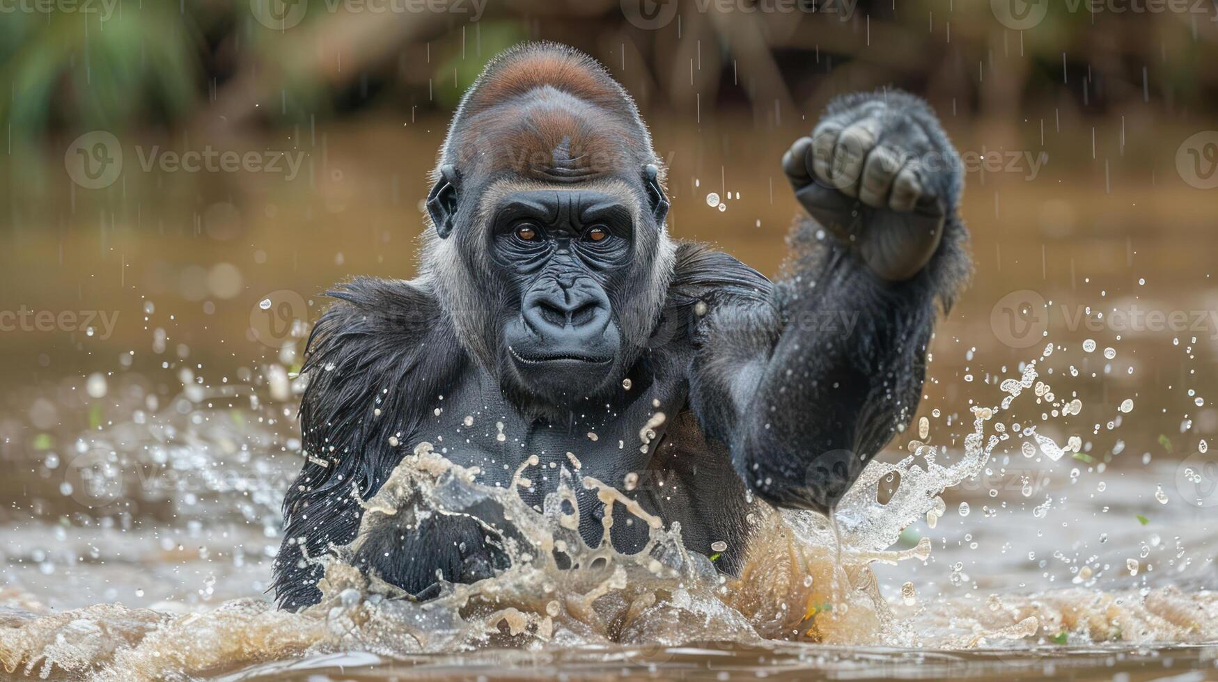 Majestic gorilla splashing in a river, surrounded by lush greenery and wildlife photo