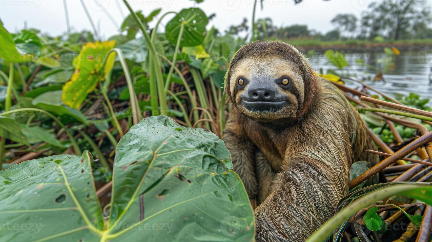 A sloth resting among lush green foliage by a tranquil river, showcasing its unique expression and habitat photo