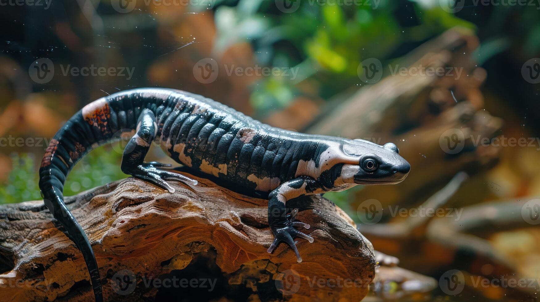 A striking amphibian perched on a textured log amidst lush greenery and water reflections photo
