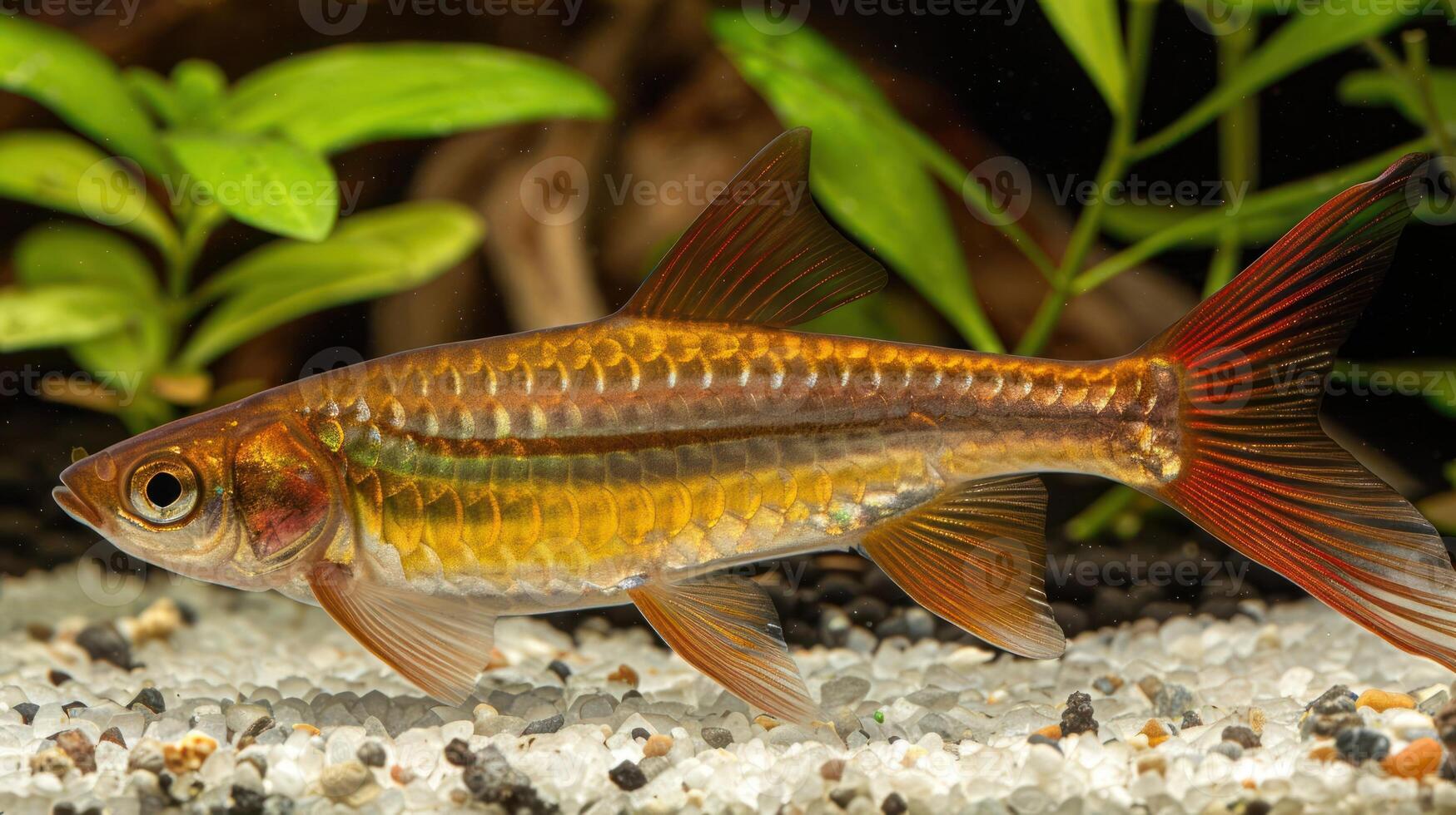 Colorful fish swimming gracefully in a planted aquarium with pebbles and greenery in the background photo
