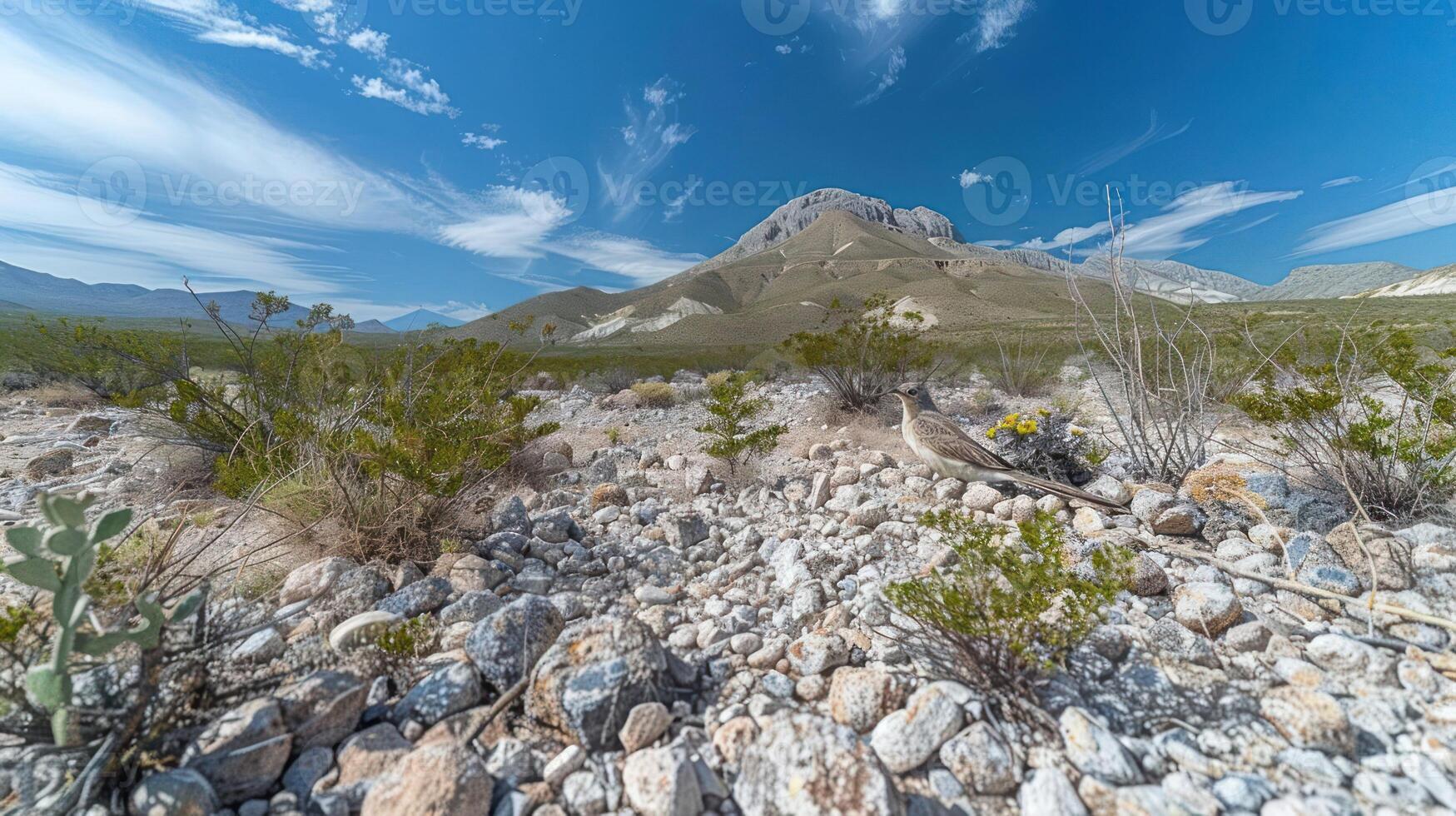 Scenic view of rocky terrain with a mountain backdrop under a clear blue sky, showcasing nature's beauty photo