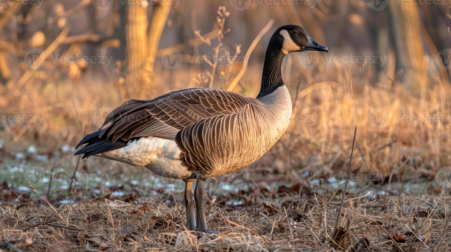 Majestic Canada Goose Standing in Golden Grass During Sunset with Soft Background Light photo