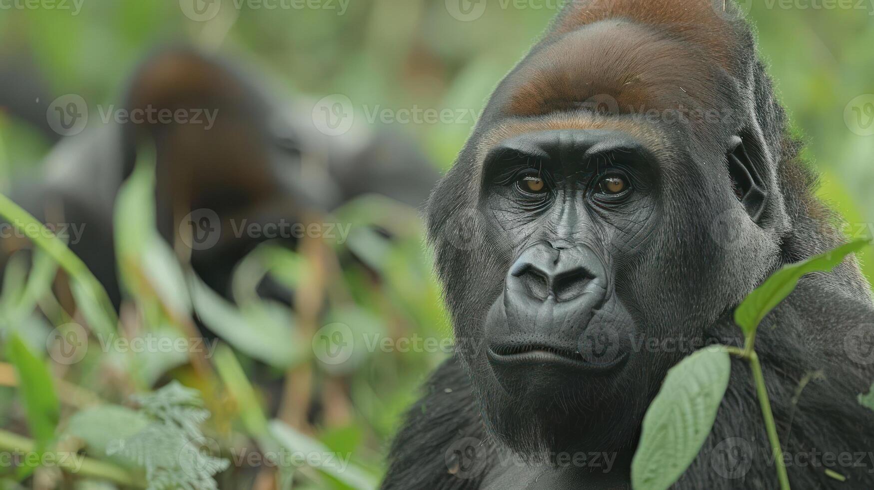 Majestic gorilla gazing thoughtfully amidst lush greenery in a serene jungle habitat photo