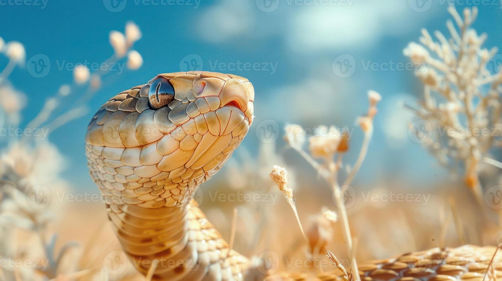 Close-up of a snake in a sunlit field, surrounded by wildflowers under a clear blue sky photo