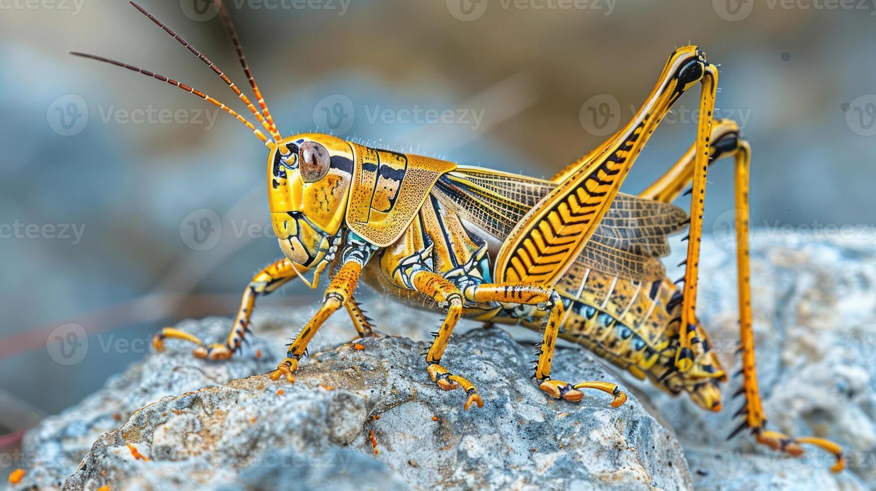 Close-up of a vibrant yellow grasshopper perched on a textured rock in a natural setting photo