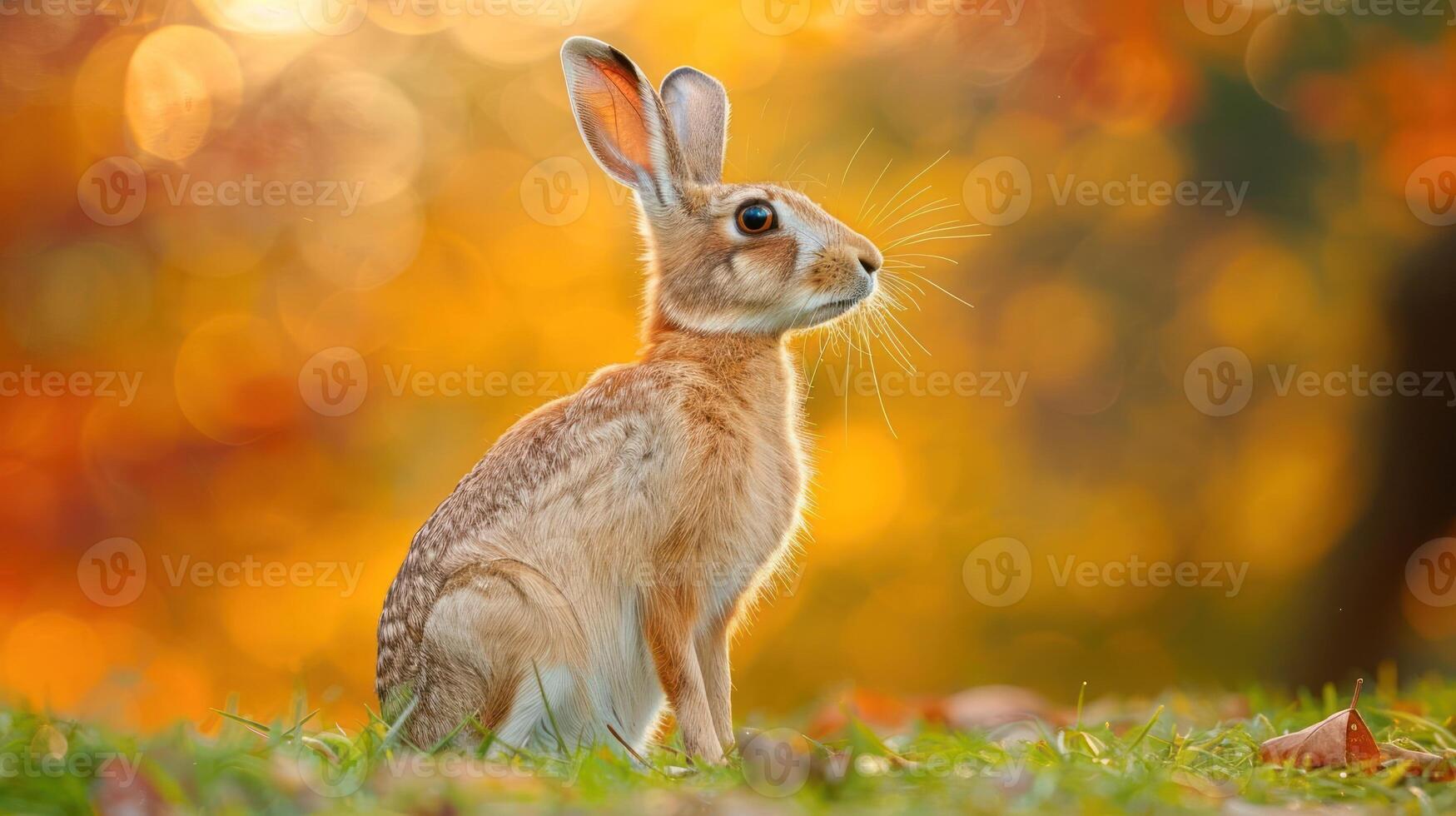 A serene rabbit sits gracefully in a vibrant autumn landscape, surrounded by colorful foliage photo