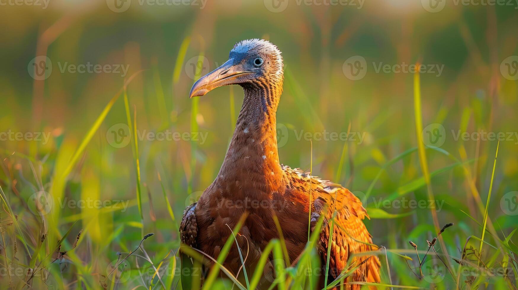A vibrant brown bird standing amidst lush green grass during golden hour in a serene landscape photo