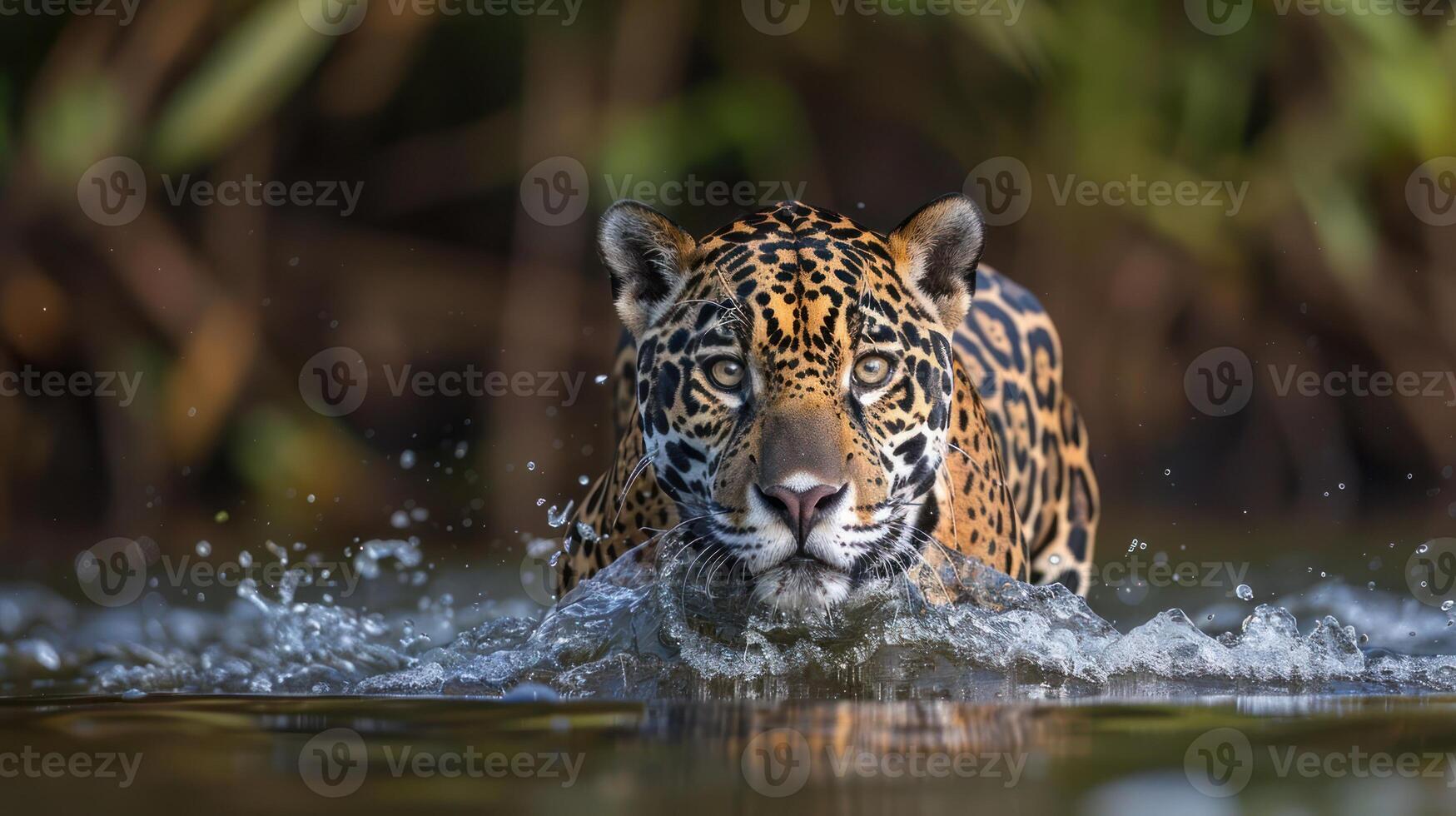 Jaguar swimming through water in lush jungle, capturing the essence of wildlife in action photo