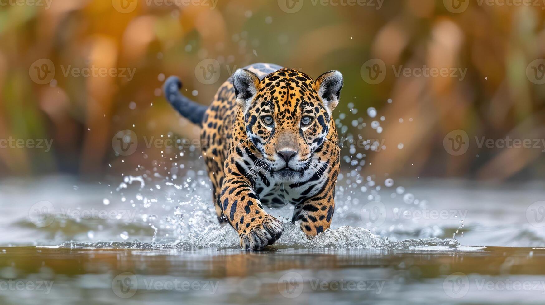A jaguar splashes through water while hunting in a lush, vibrant wetland environment photo
