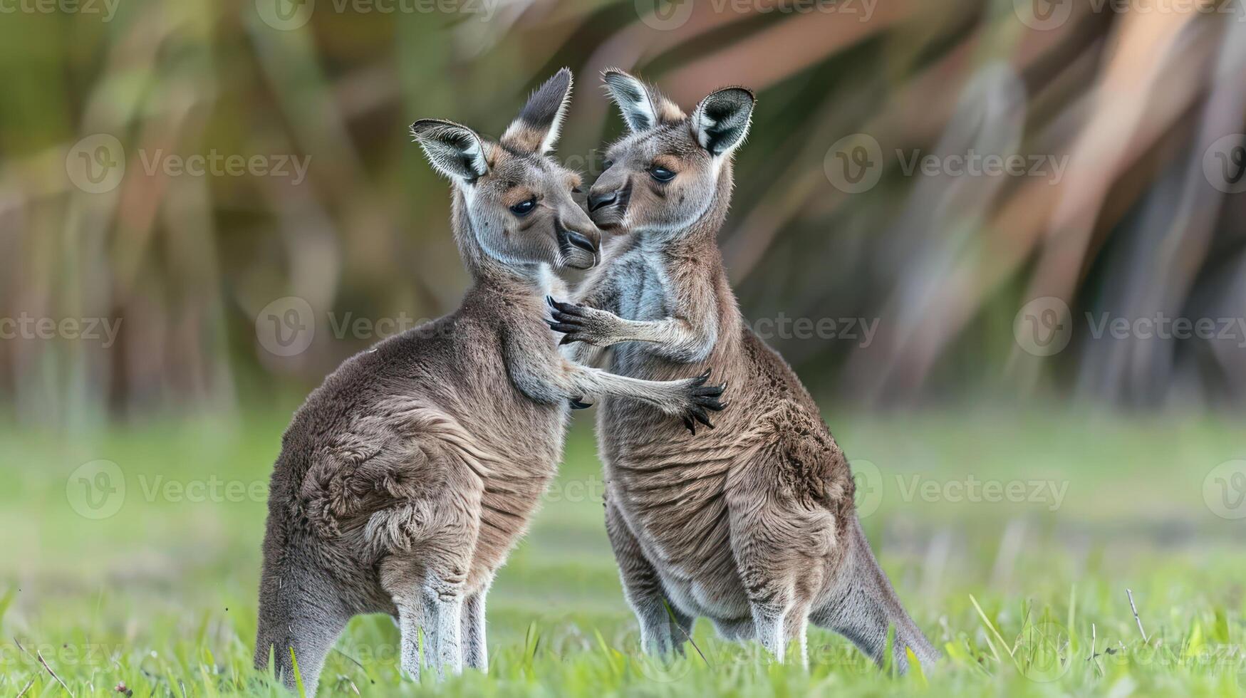 Two kangaroos playfully interacting in a lush green field with blurred foliage in the background photo
