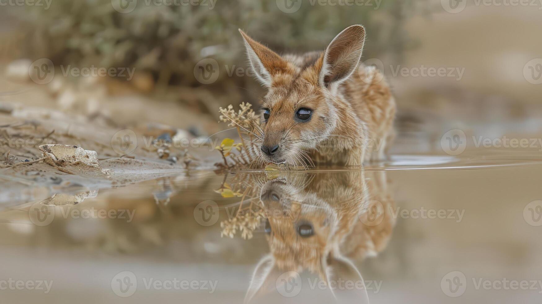 A young kangaroo drinking water from a serene pond surrounded by soft vegetation photo